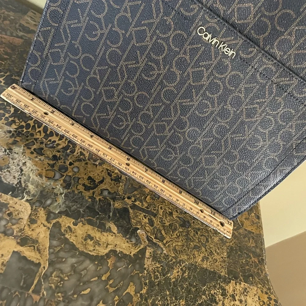 Calvin Klein Navy Monogram Tote with Beige Strap and Gold Chain